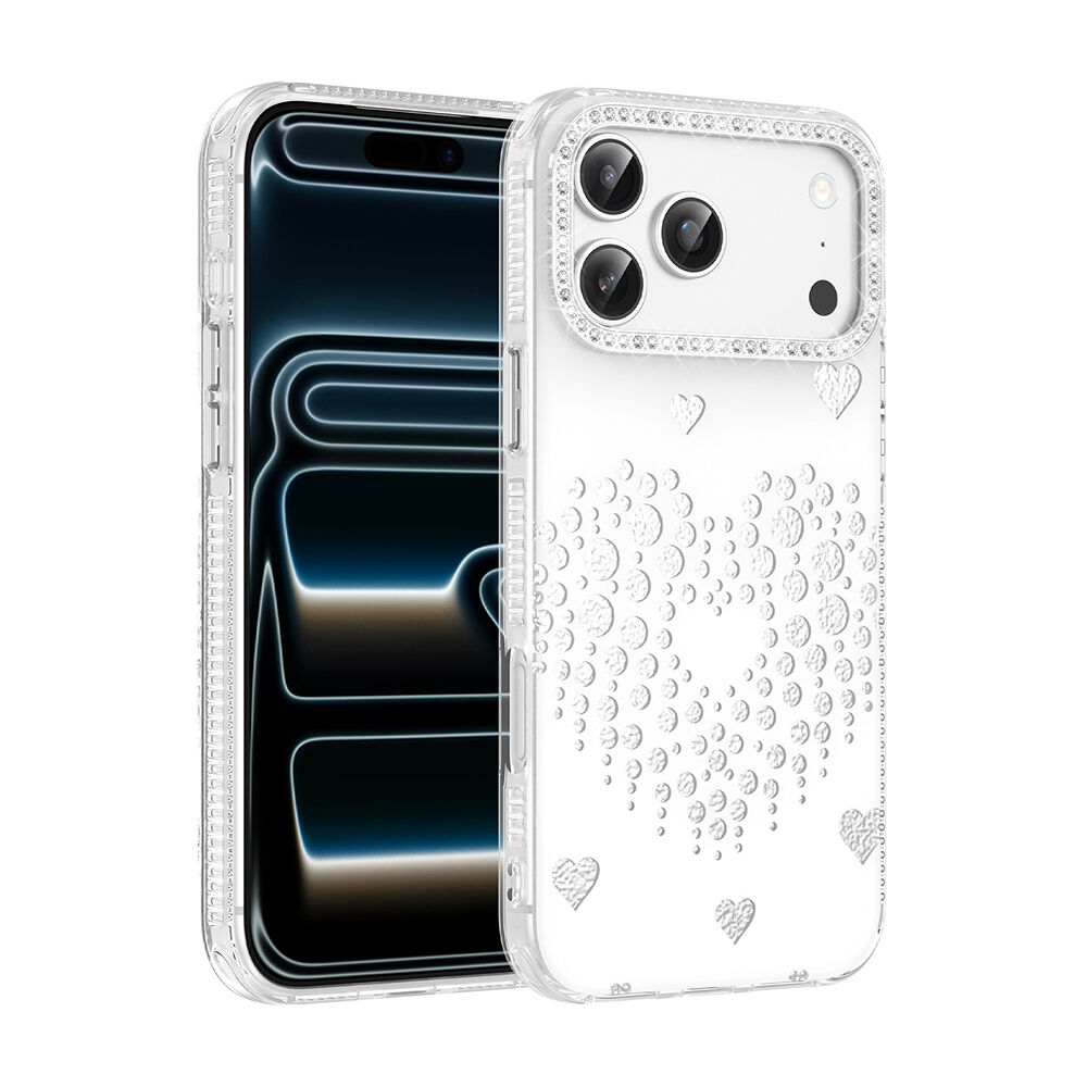 iPhone 18 Pro Uyumlu Kalpli Işıltılı Damla Taşlı Şeffaf Kenarlı Rivas Sert PC Koruyucu Telefon Kılıf