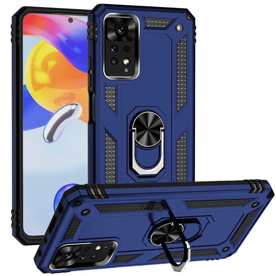 Xiaomi Redmi Note 11 Pro 5G Kılıf Vega Tank Sert Yüzüklü Standlı Zırh Koruma Kapak Mavi