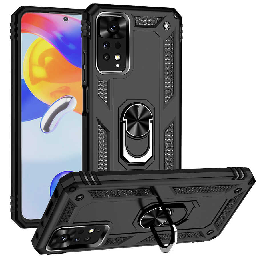 Xiaomi Redmi Note 11 Pro 5G Kılıf Vega Tank Sert Yüzüklü Standlı Zırh Koruma Kapak Siyah