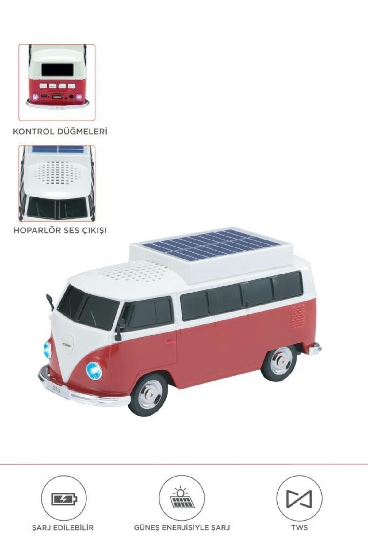 Bluetooth Hoparlör Retro Araba Vosvos Tasarımlı Solar Şarjlı Speaker D70 Kırmızı