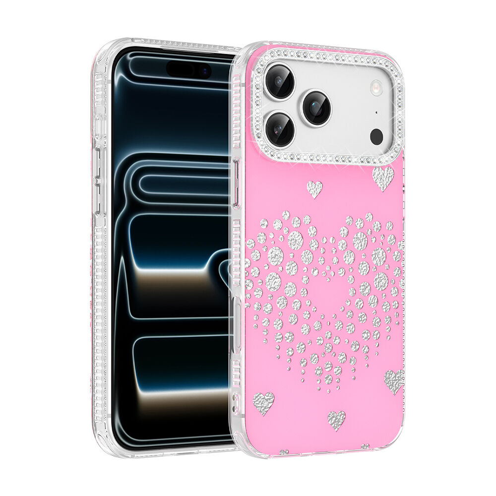 iPhone 17 Pro Uyumlu Kalpli Işıltılı Damla Taşlı Şeffaf Kenarlı Rivas Sert PC Koruyucu Telefon Kılıf