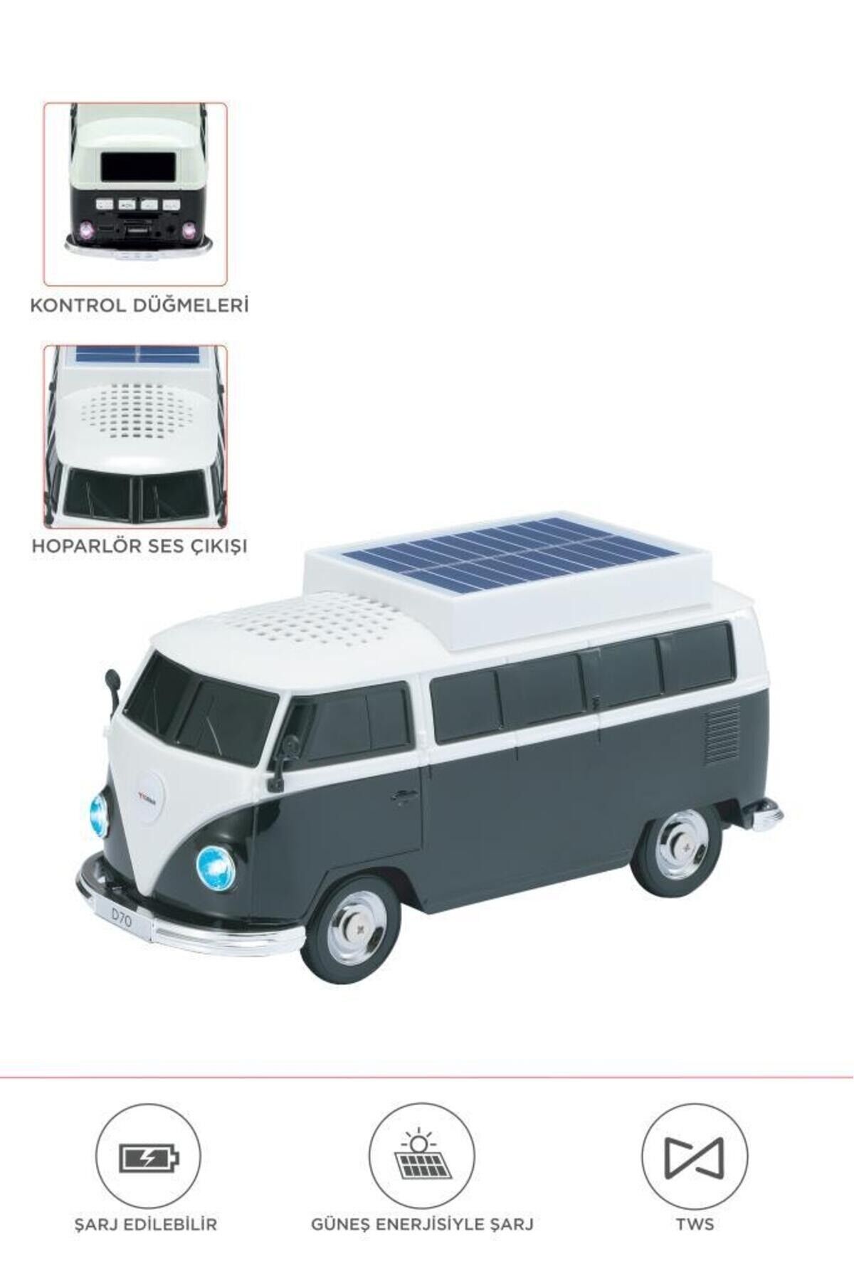 Bluetooth Hoparlör Retro Araba Vosvos Tasarımlı Solar Şarjlı Speaker D70 Siyah