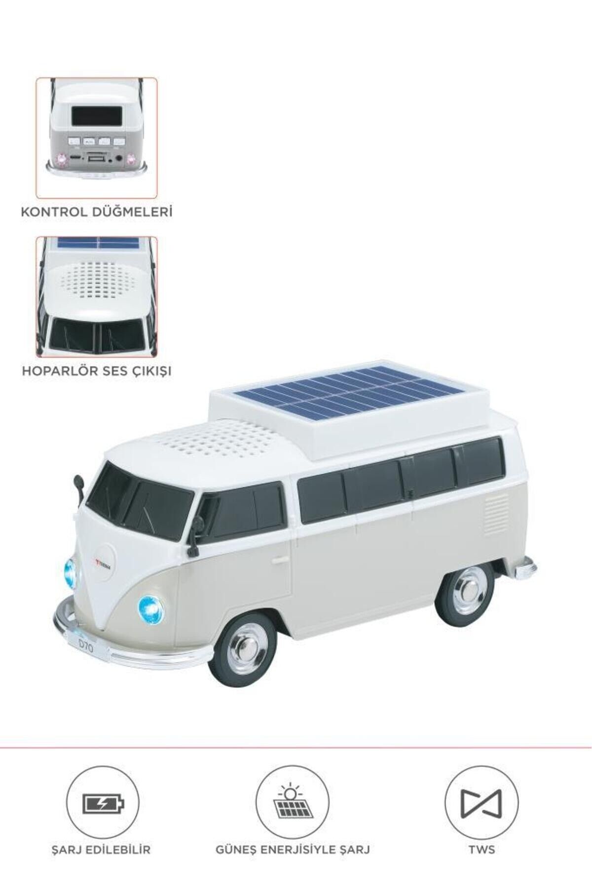 Bluetooth Hoparlör Retro Araba Vosvos Tasarımlı Solar Şarjlı Speaker D70 Beyaz