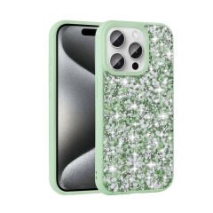 iPhone 15 Pro Kılıf Parlak Taşlı Tasarım Linea Kapak Açık Yeşil