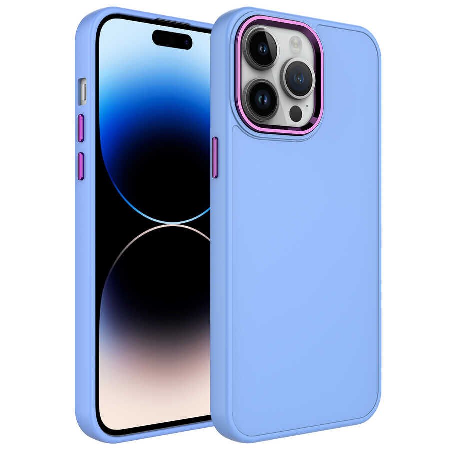 iPhone 14 Pro Kılıf Metal Çerçeve ve Buton Tasarımlı Silikon Luna Kapak Lila