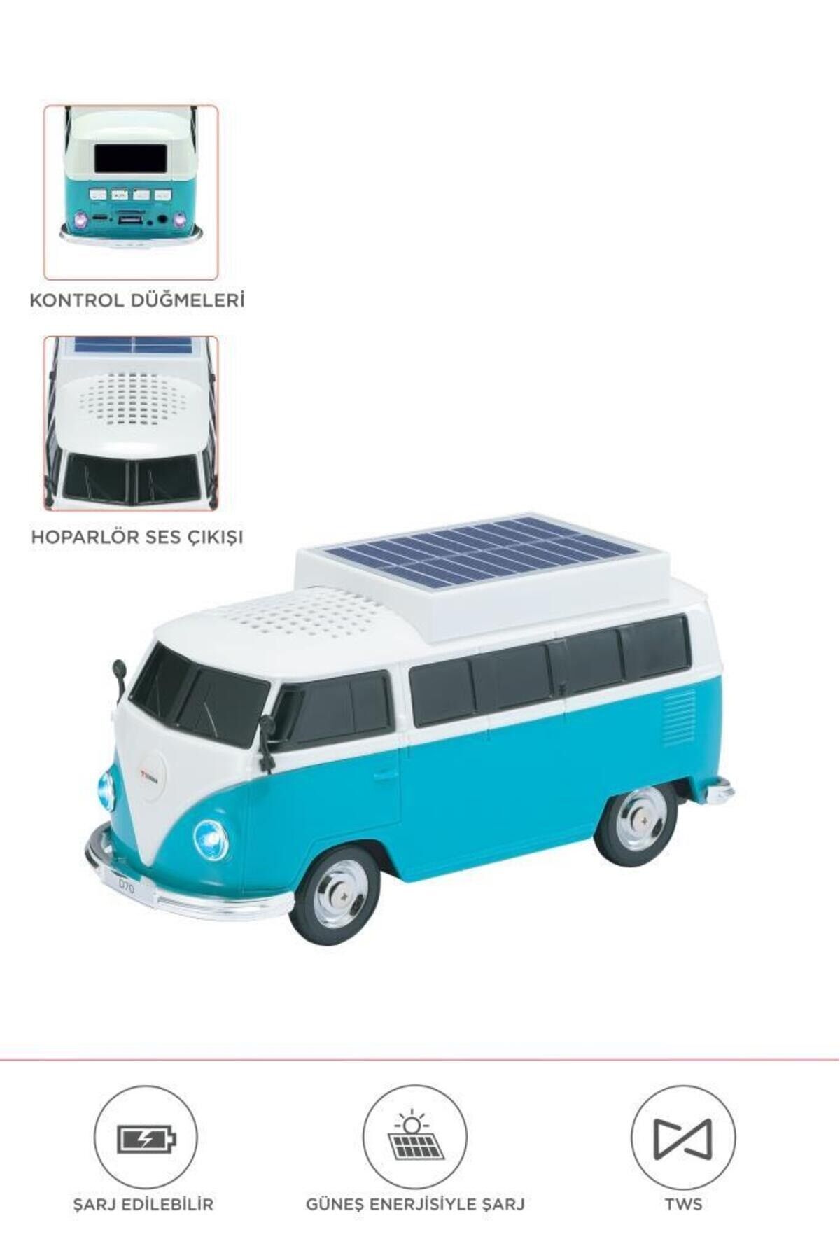 Bluetooth Hoparlör Retro Araba Vosvos Tasarımlı Solar Şarjlı Speaker D70 Turkuaz