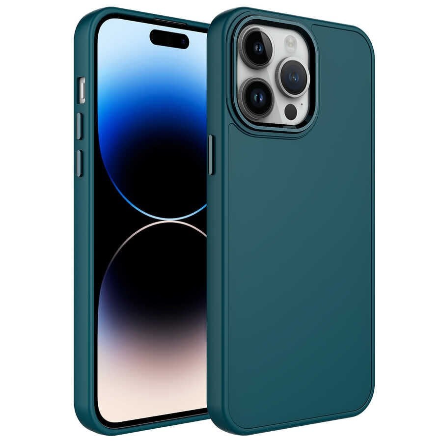 iPhone 14 Pro Kılıf Metal Çerçeve ve Buton Tasarımlı Silikon Luna Kapak Koyu Yeşil