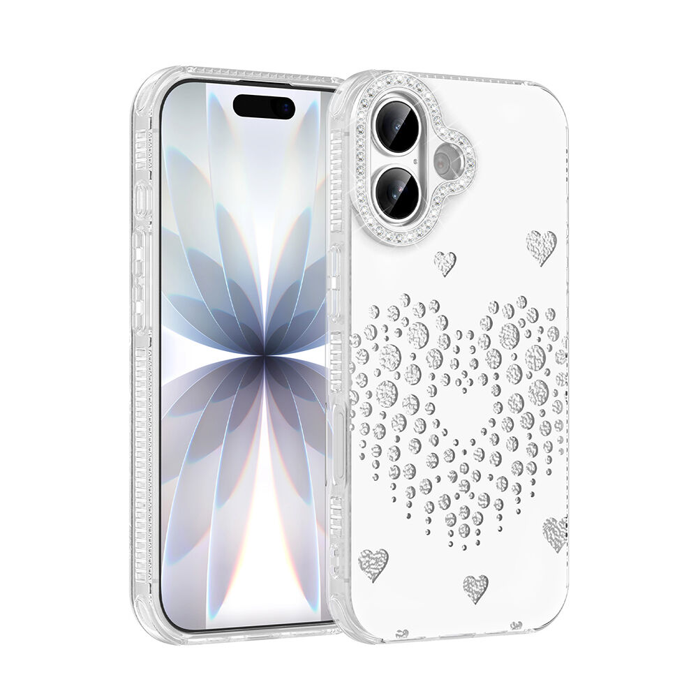iPhone 17 Uyumlu Kalpli Işıltılı Damla Taşlı Şeffaf Kenarlı Rivas Sert PC Koruyucu Telefon Kılıf