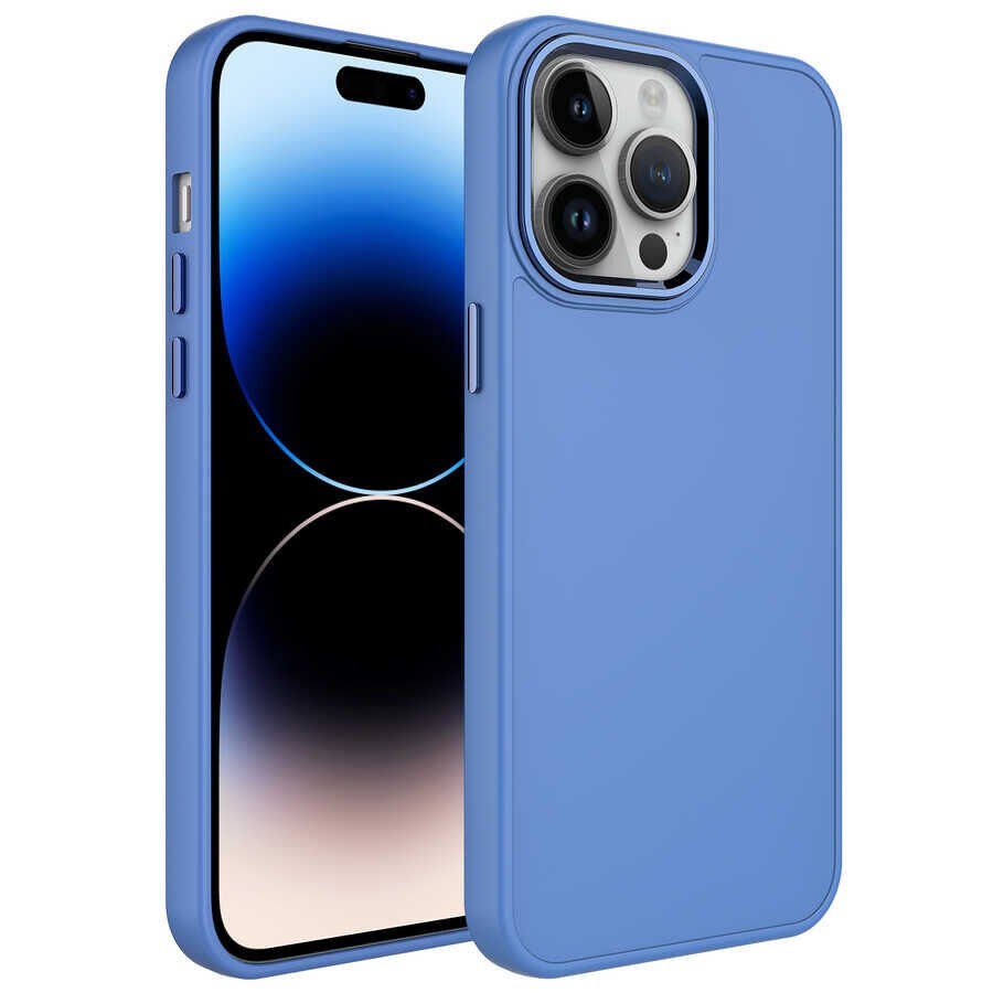 iPhone 14 Pro Kılıf Metal Çerçeve ve Buton Tasarımlı Silikon Luna Kapak Lavendery Gray