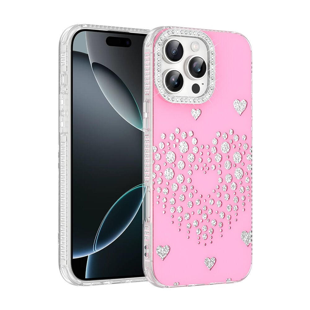 iPhone 16 Pro Max Uyumlu Kalpli Işıltılı Damla Taşlı Şeffaf Kenarlı Rivas Sert PC Koruyucu Telefon Kılıf