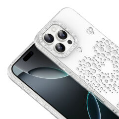 iPhone 16 Pro Max Uyumlu Kalpli Işıltılı Damla Taşlı Şeffaf Kenarlı Rivas Sert PC Koruyucu Telefon Kılıf