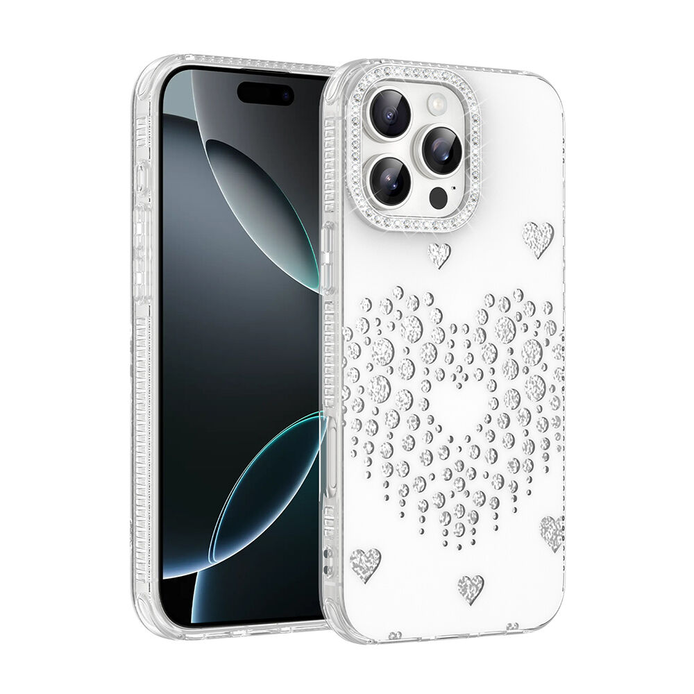 iPhone 16 Pro Uyumlu Kalpli Işıltılı Damla Taşlı Şeffaf Kenarlı Rivas Sert PC Koruyucu Telefon Kılıf