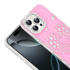 iPhone 16 Pro Uyumlu Kalpli Işıltılı Damla Taşlı Şeffaf Kenarlı Rivas Sert PC Koruyucu Telefon Kılıf