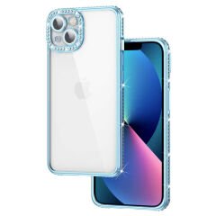 iPhone 13 Kılıf Kamera Korumalı Taşlı  Mina Kapak Mavi
