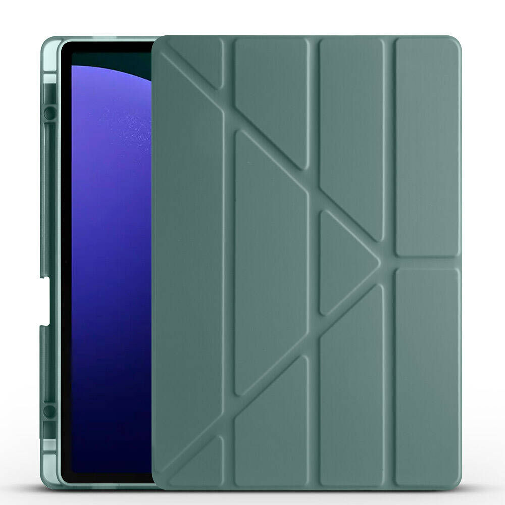 Samsung Galaxy Tab S9 FE Plus Kılıf Tri Folding Kalem Bölmeli Standlı Kılıf Koyu Yeşil