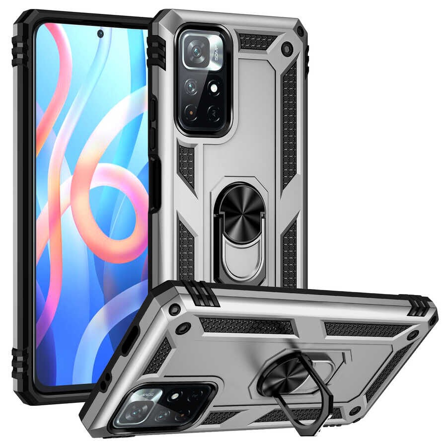 Xiaomi Redmi Note 11T 5G Kılıf Vega Tank Sert Yüzüklü Standlı Zırh Koruma Kapak Gri