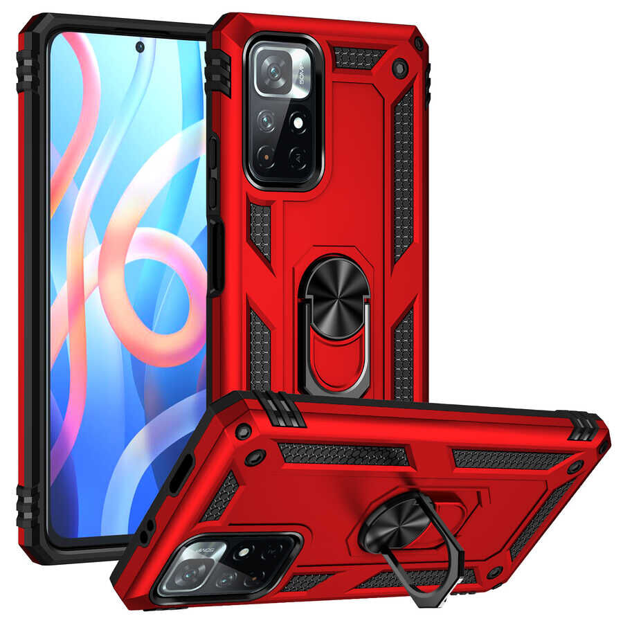 Xiaomi Redmi Note 11T 5G Kılıf Vega Tank Sert Yüzüklü Standlı Zırh Koruma Kapak Kırmızı