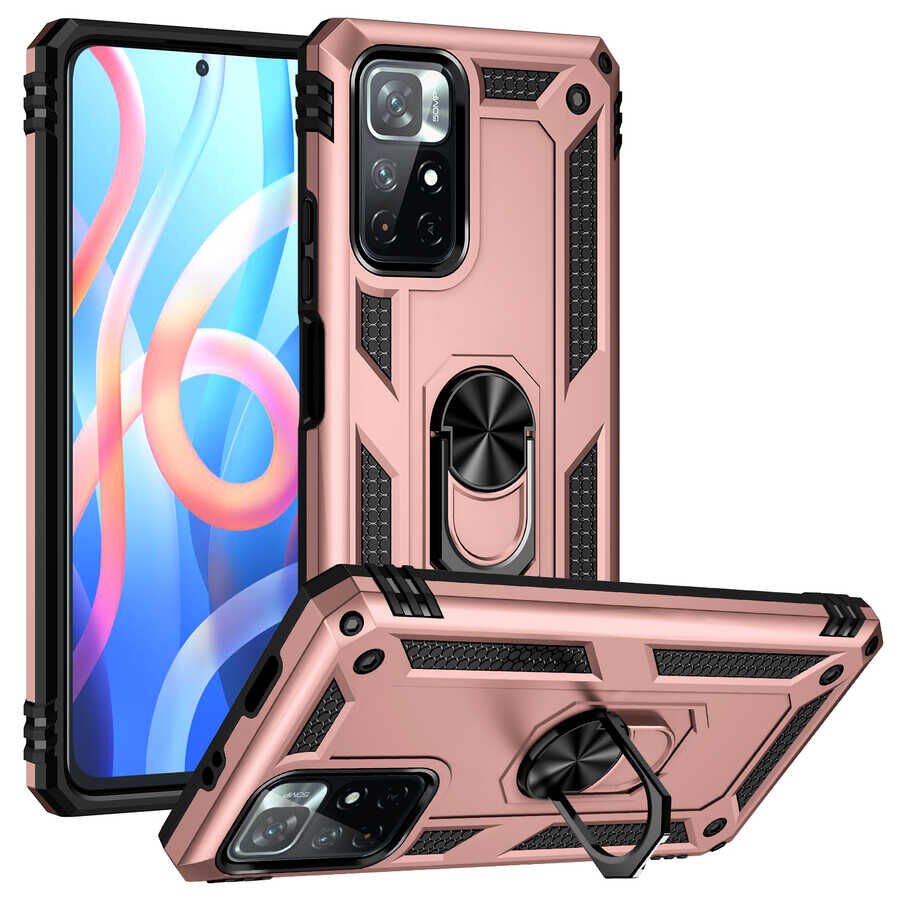 Xiaomi Redmi Note 11T 5G Kılıf Vega Tank Sert Yüzüklü Standlı Zırh Koruma Kapak Rose Gold