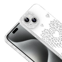 iPhone 15 Uyumlu Kalpli Işıltılı Damla Taşlı Şeffaf Kenarlı Rivas Sert PC Koruyucu Telefon Kılıf