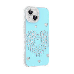iPhone 15 Uyumlu Kalpli Işıltılı Damla Taşlı Şeffaf Kenarlı Rivas Sert PC Koruyucu Telefon Kılıf