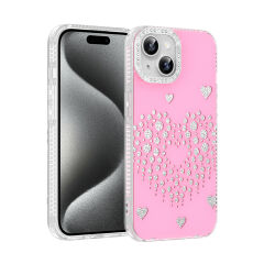 iPhone 15 Uyumlu Kalpli Işıltılı Damla Taşlı Şeffaf Kenarlı Rivas Sert PC Koruyucu Telefon Kılıf