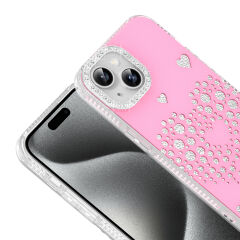iPhone 15 Uyumlu Kalpli Işıltılı Damla Taşlı Şeffaf Kenarlı Rivas Sert PC Koruyucu Telefon Kılıf