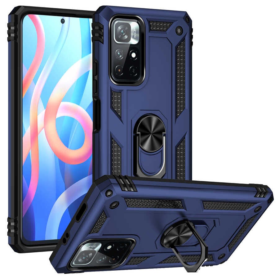 Xiaomi Redmi Note 11T 5G Kılıf Vega Tank Sert Yüzüklü Standlı Zırh Koruma Kapak Mavi