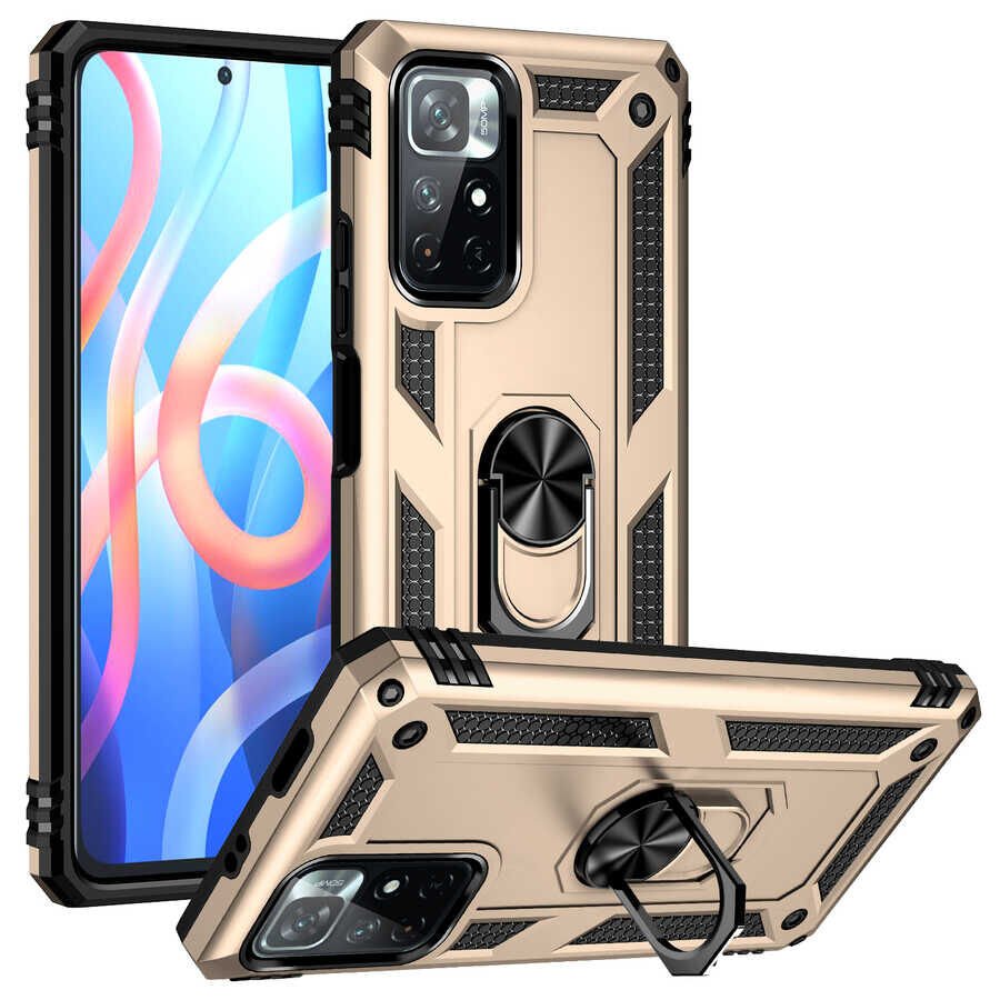 Xiaomi Redmi Note 11T 5G Kılıf Vega Tank Sert Yüzüklü Standlı Zırh Koruma Kapak Gold