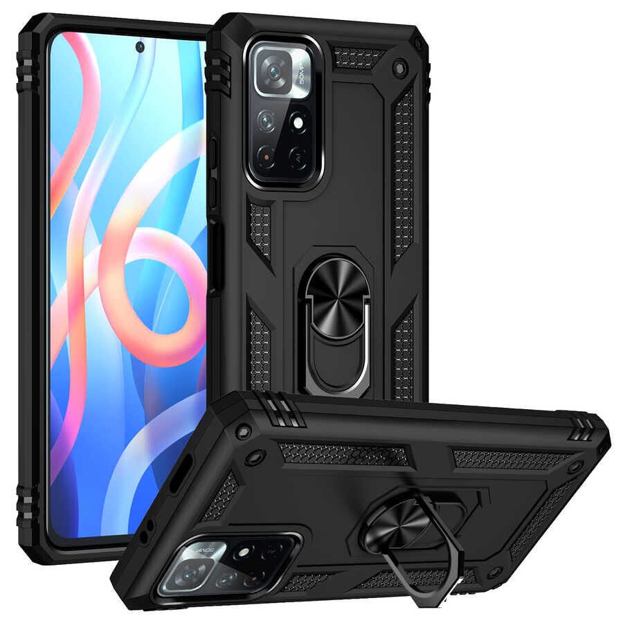 Xiaomi Redmi Note 11T 5G Kılıf Vega Tank Sert Yüzüklü Standlı Zırh Koruma Kapak Siyah