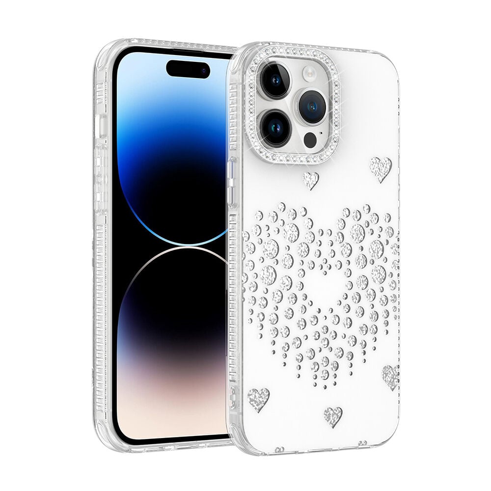 iPhone 14 Pro Max Uyumlu Kalpli Işıltılı Damla Taşlı Şeffaf Kenarlı Rivas Sert PC Koruyucu Telefon Kılıf