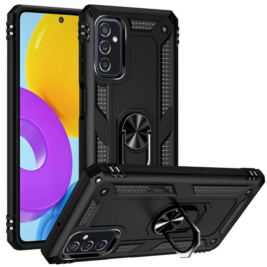 Samsung Galaxy M52 Kılıf Vega Tank Sert Yüzüklü Standlı Zırh Koruma Kapak Siyah
