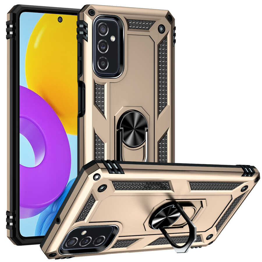 Samsung Galaxy M52 Kılıf Vega Tank Sert Yüzüklü Standlı Zırh Koruma Kapak Gold