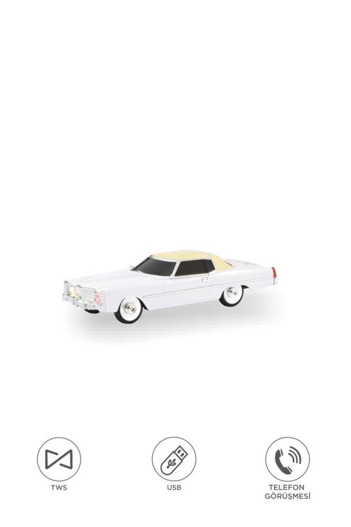 Bluetooth Hoparlör Cadillac 1969 Görünümlü Retro  Klasik Araba Tasarımlı 10W FM USB TWS Speaker D83 Beyaz