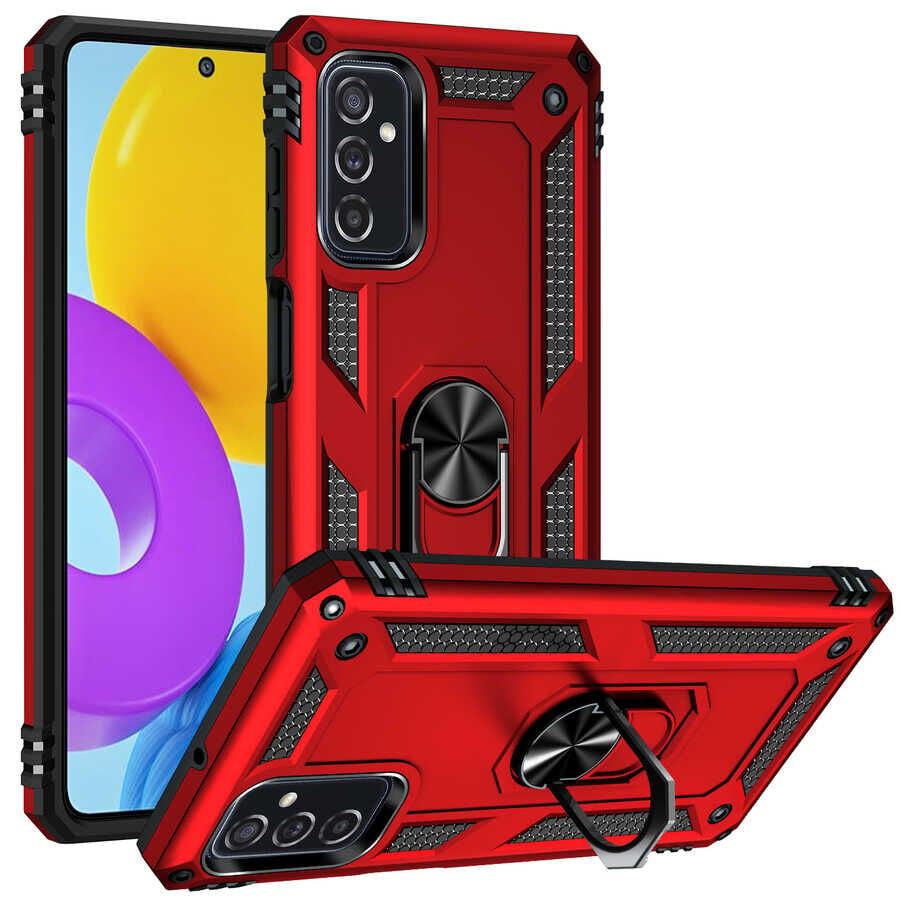 Samsung Galaxy M52 Kılıf Vega Tank Sert Yüzüklü Standlı Zırh Koruma Kapak Kırmızı