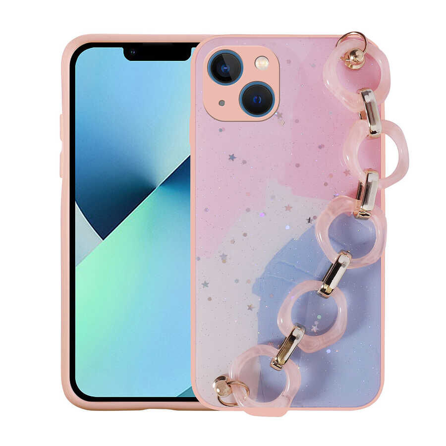 iPhone 13 Kılıf Simli Desenli El Askılı Tutacaklı Elsa Silikon Kapak Pembe