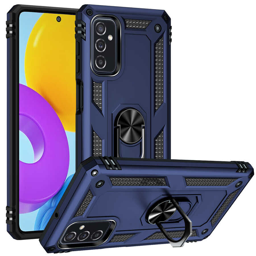 Samsung Galaxy M52 Kılıf Vega Tank Sert Yüzüklü Standlı Zırh Koruma Kapak Mavi