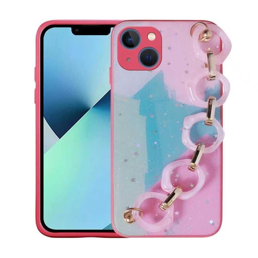 iPhone 13 Kılıf Simli Desenli El Askılı Tutacaklı Elsa Silikon Kapak Pembe Koyu