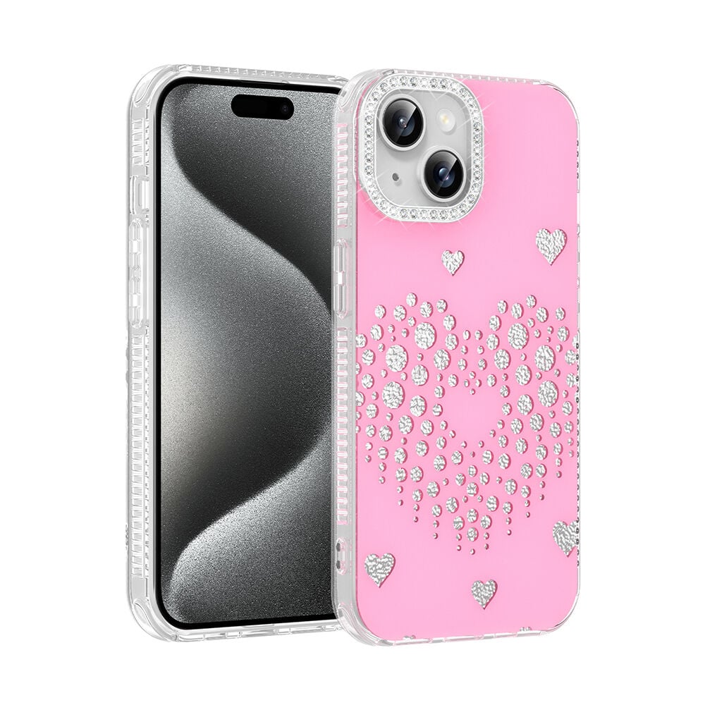 iPhone 14 Uyumlu Kalpli Işıltılı Damla Taşlı Şeffaf Kenarlı Rivas Sert PC Koruyucu Telefon Kılıf