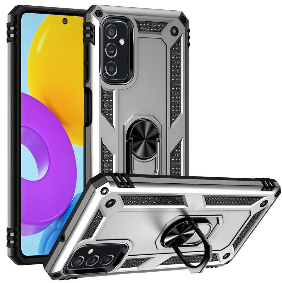 Samsung Galaxy M52 Kılıf Vega Tank Sert Yüzüklü Standlı Zırh Koruma Kapak Gri