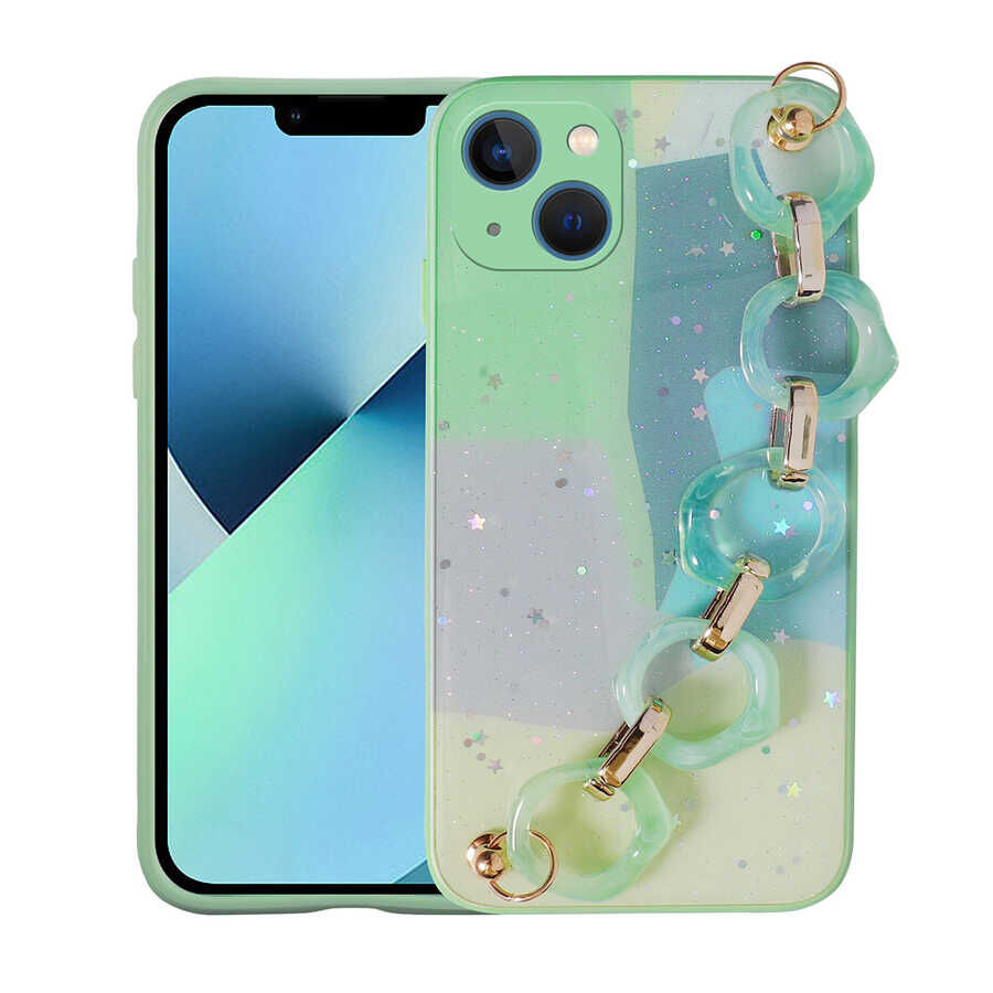 iPhone 13 Kılıf Simli Desenli El Askılı Tutacaklı Elsa Silikon Kapak Yeşil