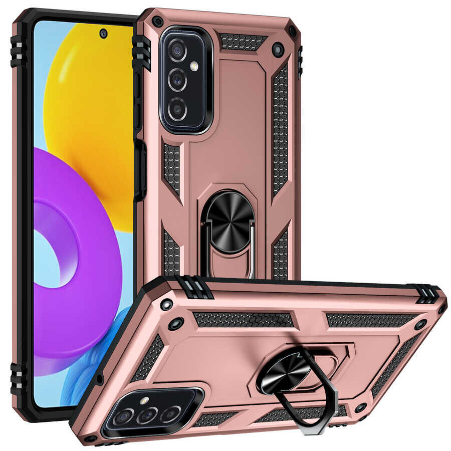 Samsung Galaxy M52 Kılıf Vega Tank Sert Yüzüklü Standlı Zırh Koruma Kapak Rose Gold