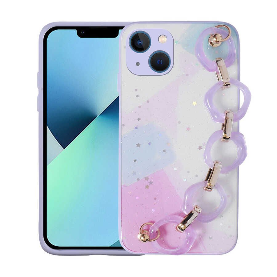 iPhone 13 Kılıf Simli Desenli El Askılı Tutacaklı Elsa Silikon Kapak Lila