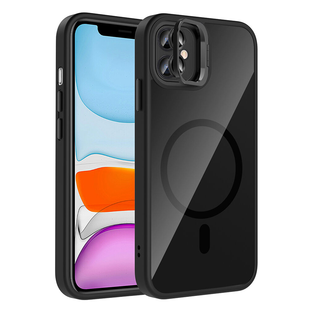 iPhone 11 Kılıf Standlı ve Kamera Lens Hediyeli Kablosuz Şarj Özellikli Etro Kapak Siyah