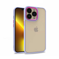 iPhone 13 Pro Kılıf Kamera Çıkıntılı Arkası Şeffaf Köşeleri Parlak Renkli Işlemeli Flora Kapak Lila