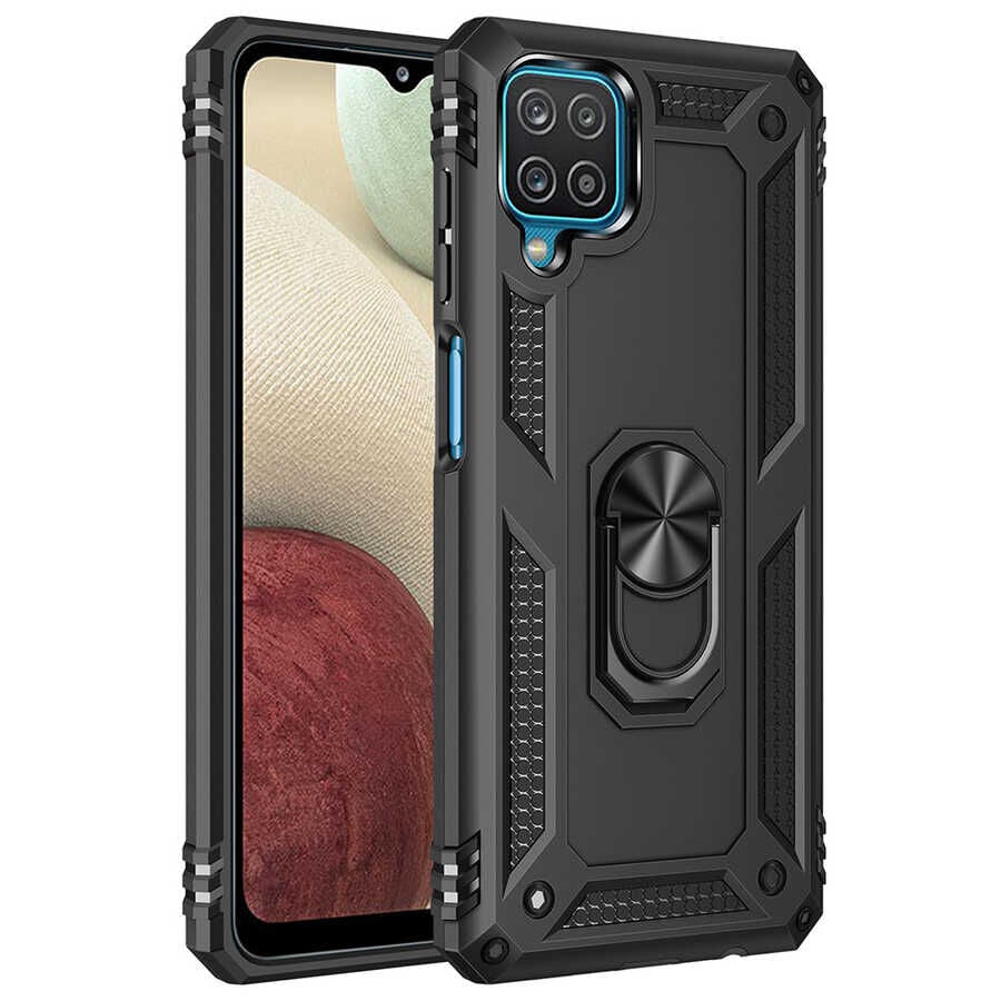 Samsung Galaxy A22 4G Kılıf Vega Tank Sert Yüzüklü Standlı Zırh Koruma Kapak Siyah