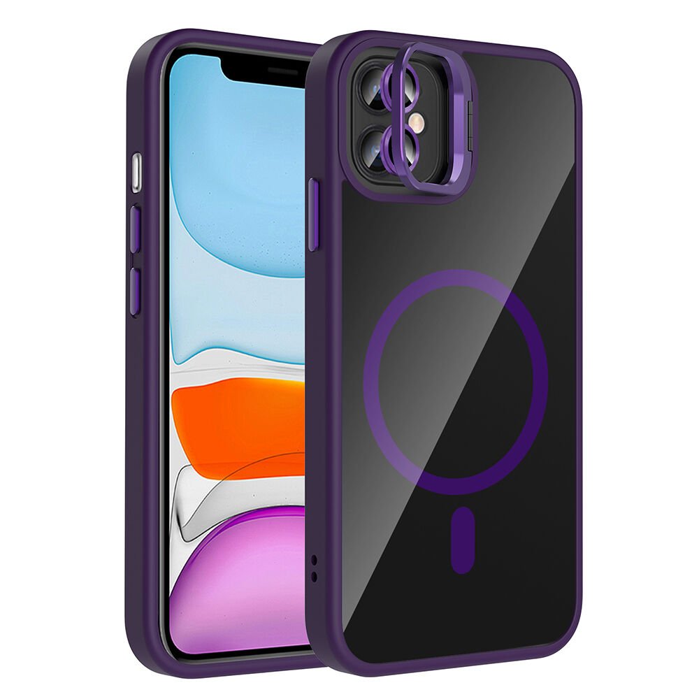 iPhone 11 Kılıf Standlı ve Kamera Lens Hediyeli Kablosuz Şarj Özellikli Etro Kapak Derin Mor