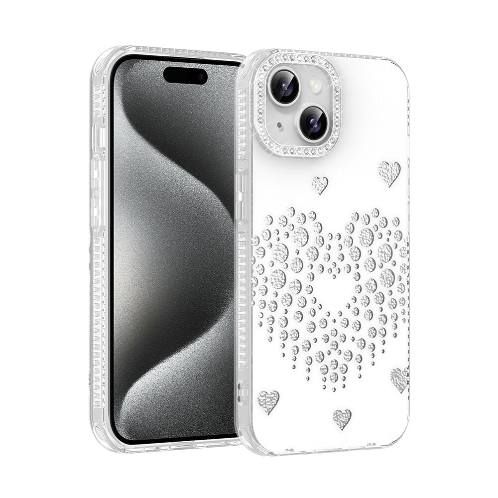 iPhone 13 Uyumlu Kalpli Işıltılı Damla Taşlı Şeffaf Kenarlı Rivas Sert PC Koruyucu Telefon Kılıf