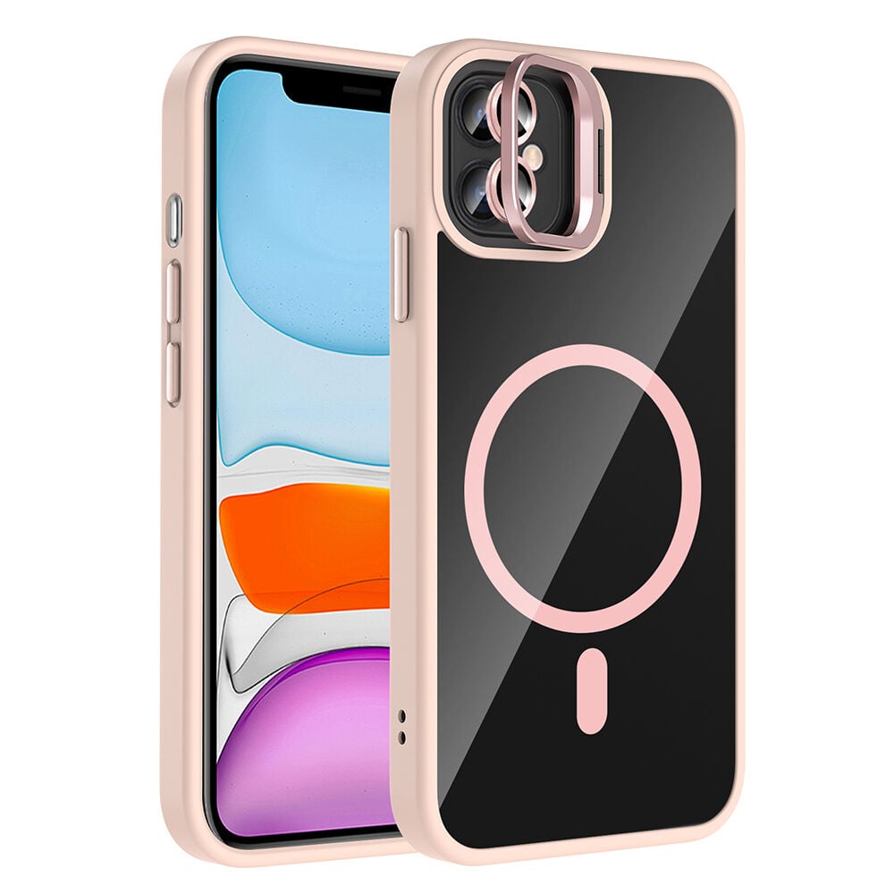 iPhone 11 Kılıf Standlı ve Kamera Lens Hediyeli Kablosuz Şarj Özellikli Etro Kapak Pembe