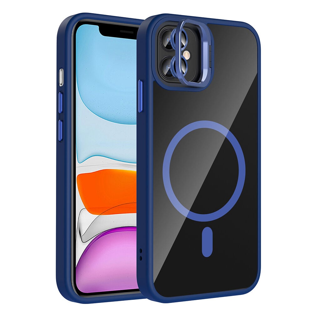 iPhone 11 Kılıf Standlı ve Kamera Lens Hediyeli Kablosuz Şarj Özellikli Etro Kapak Lacivert