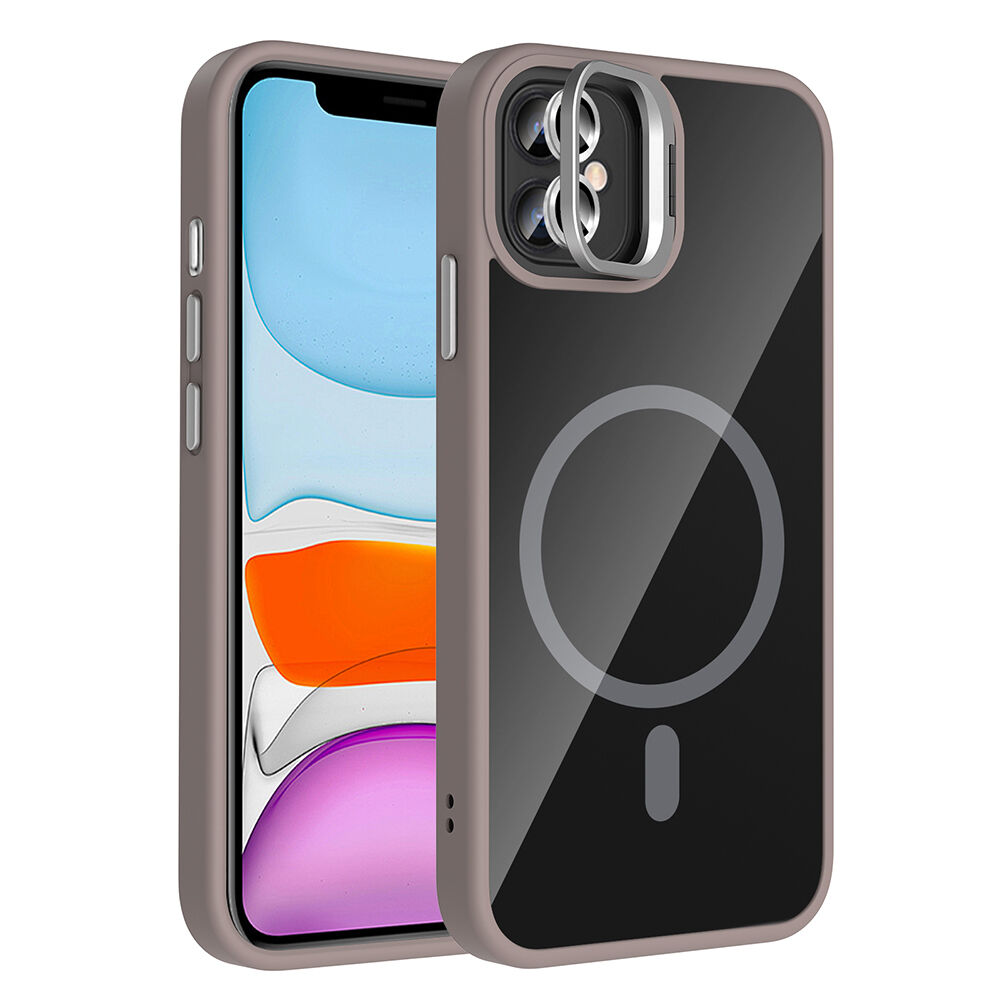 iPhone 11 Kılıf Standlı ve Kamera Lens Hediyeli Kablosuz Şarj Özellikli Etro Kapak Gri